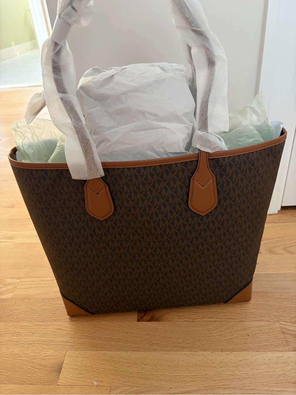 Michael Kors Brown and White Stripe Logo Tote - Picture 3 of 3